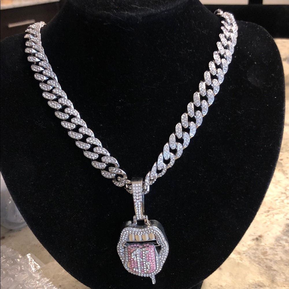 Pave Cuban Link Necklace with Gemstone Tongue Pendant